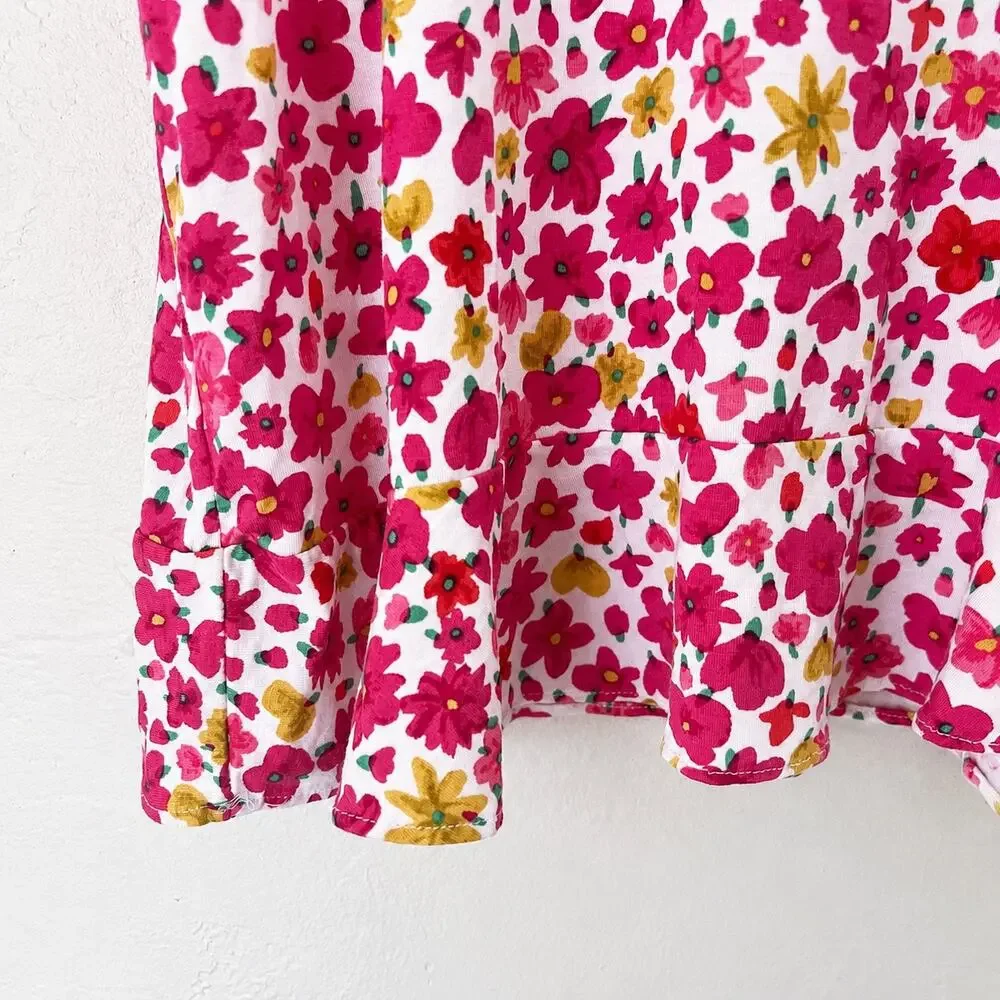 Kate Spade Marker Floral Pajama Tank Top M Pink Ruffle Peplum Coquette Sleepwear